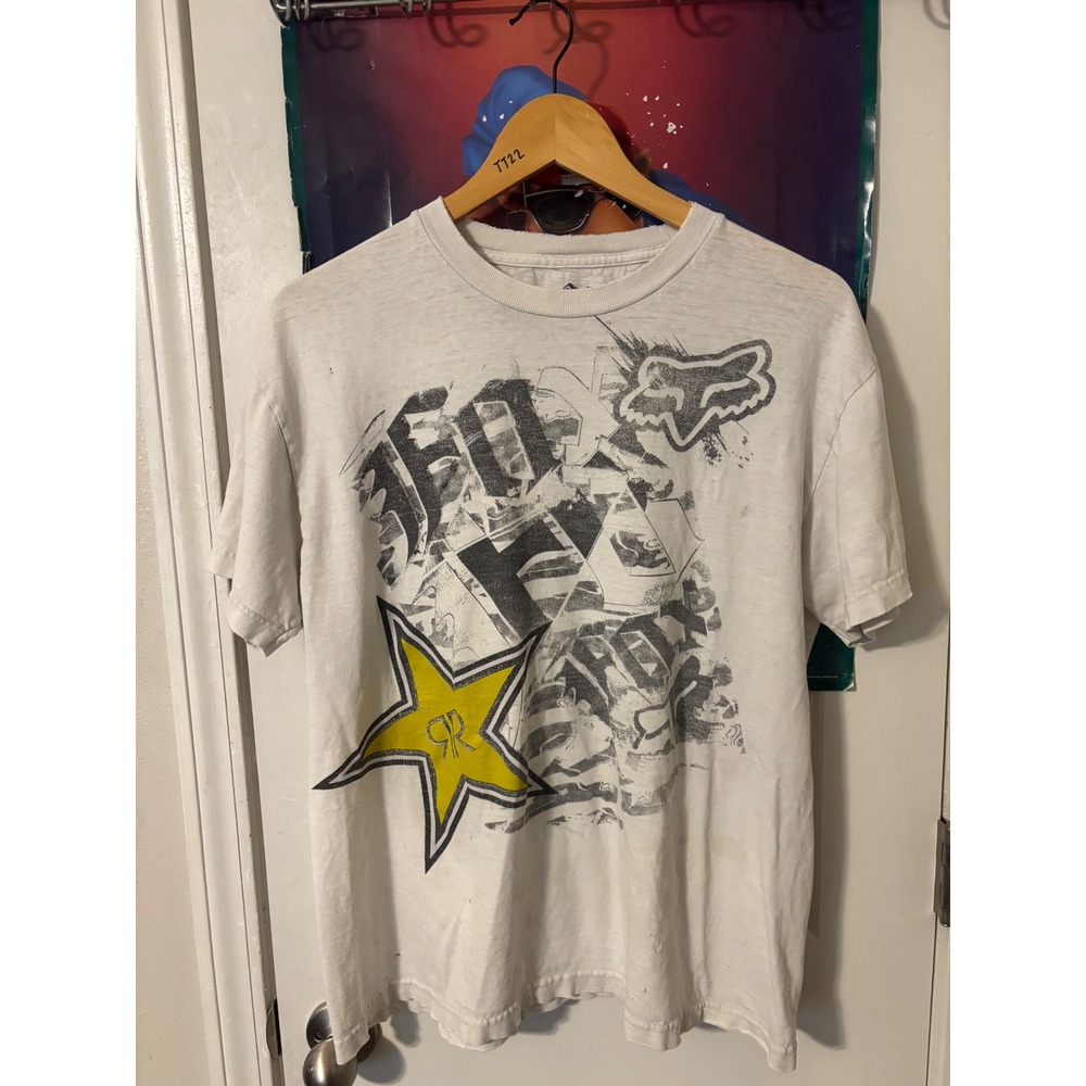 Fox Racing Rockstar Energy Drink Graphic T-Shirt White Distressed Mens Large